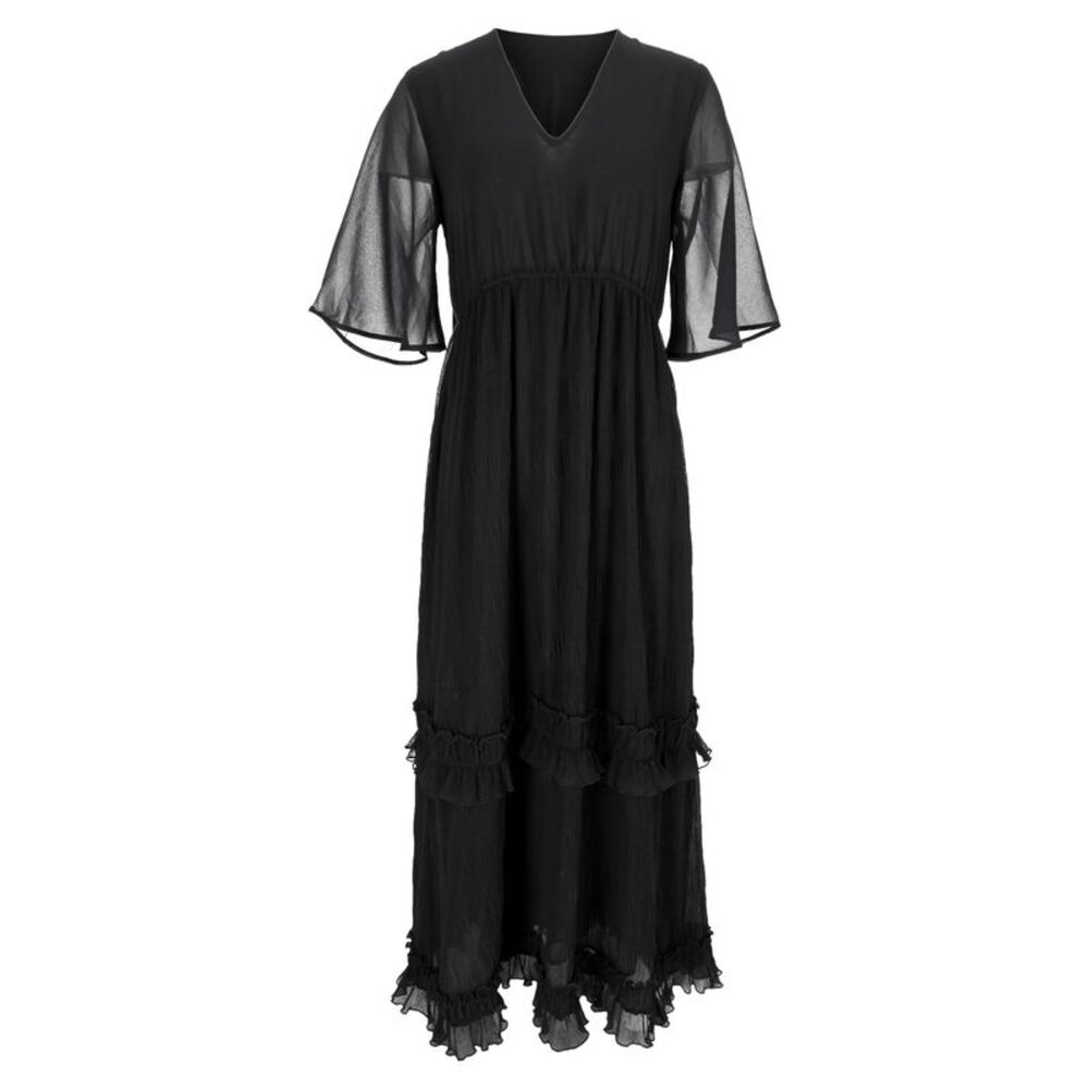 Ganni V-Neck Pleated Maxi Dress in Black Polyester